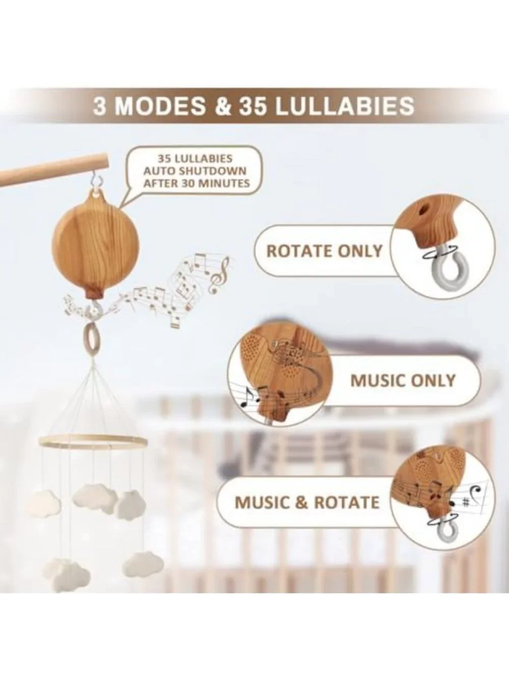 Wooden Crib Mobile Arm with Music Box - 65 Inch, 35 Lullabies, Volume Control